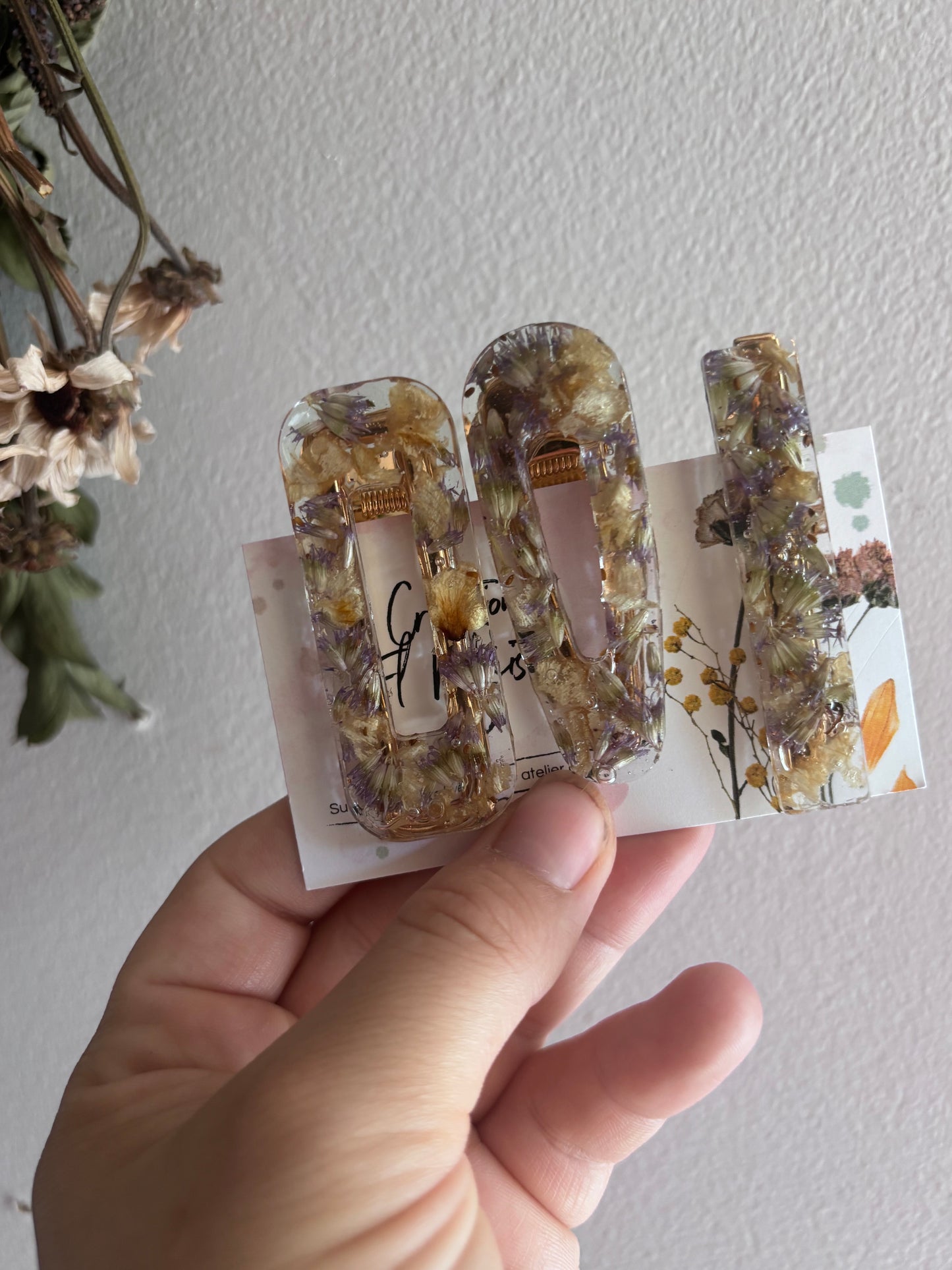 Lot de 3 barrettes en fleurs séchées surcyclées