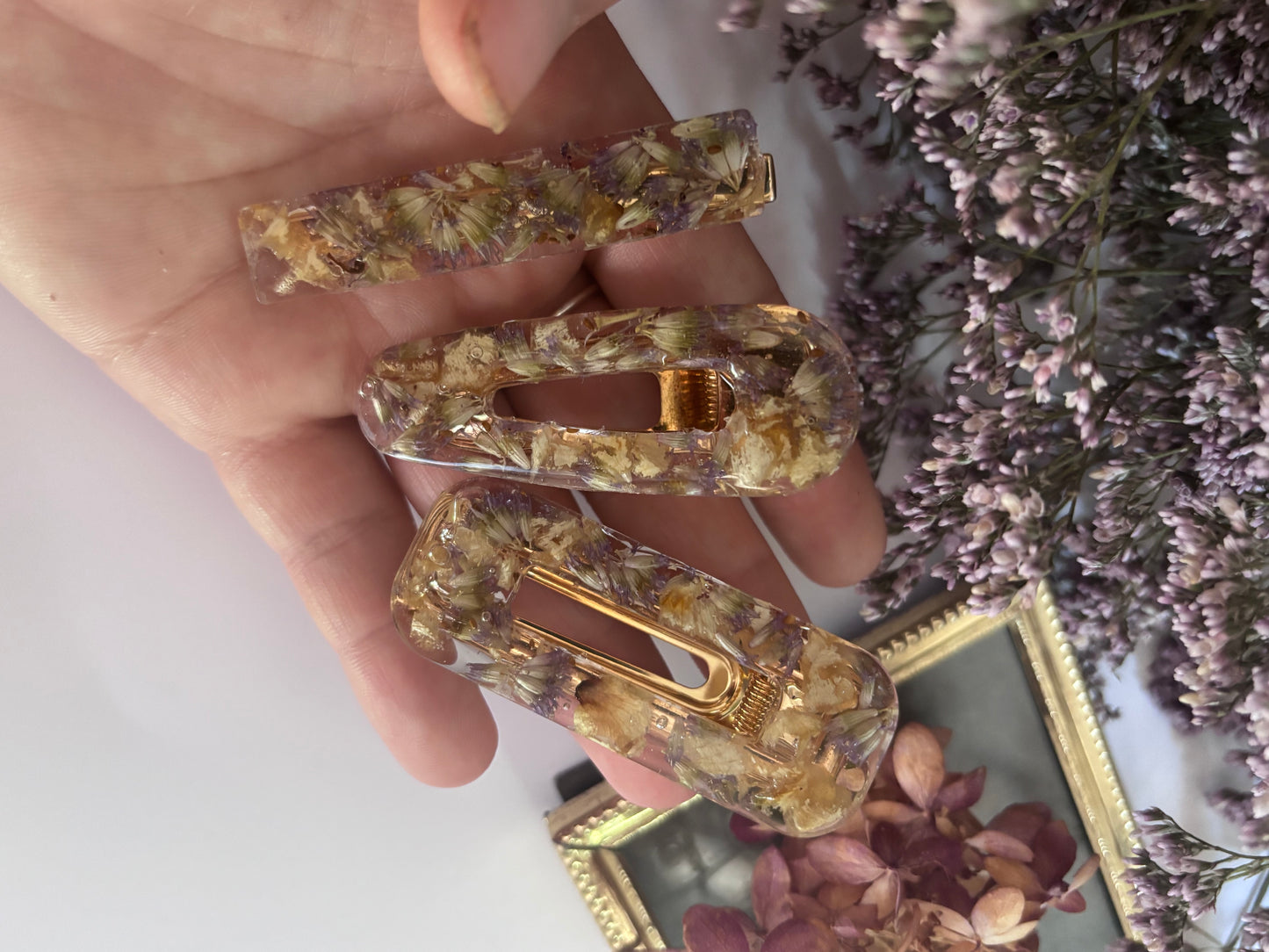 Lot de 3 barrettes en fleurs séchées surcyclées