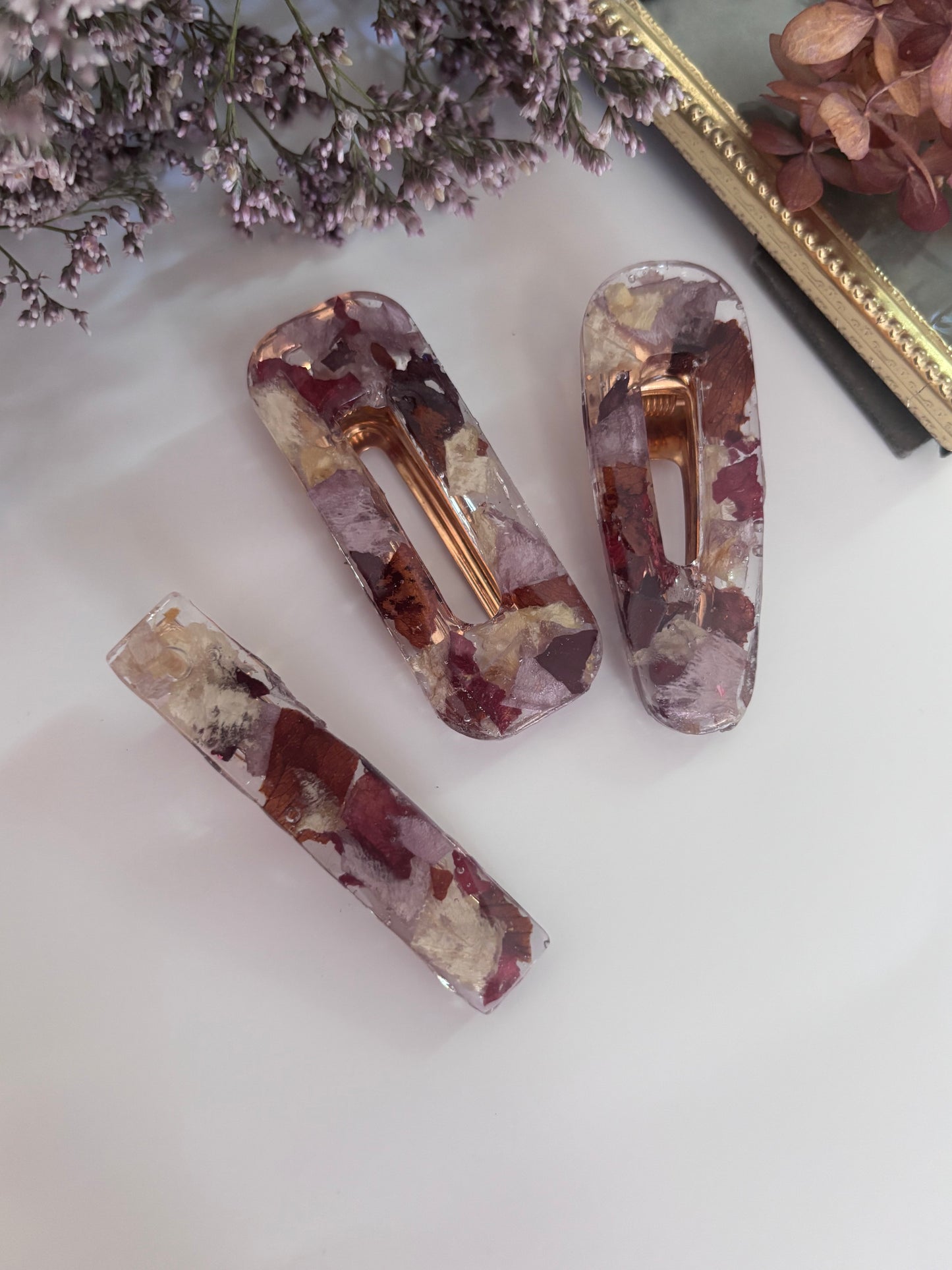 Lot de 3 barrettes en fleurs séchées surcyclées