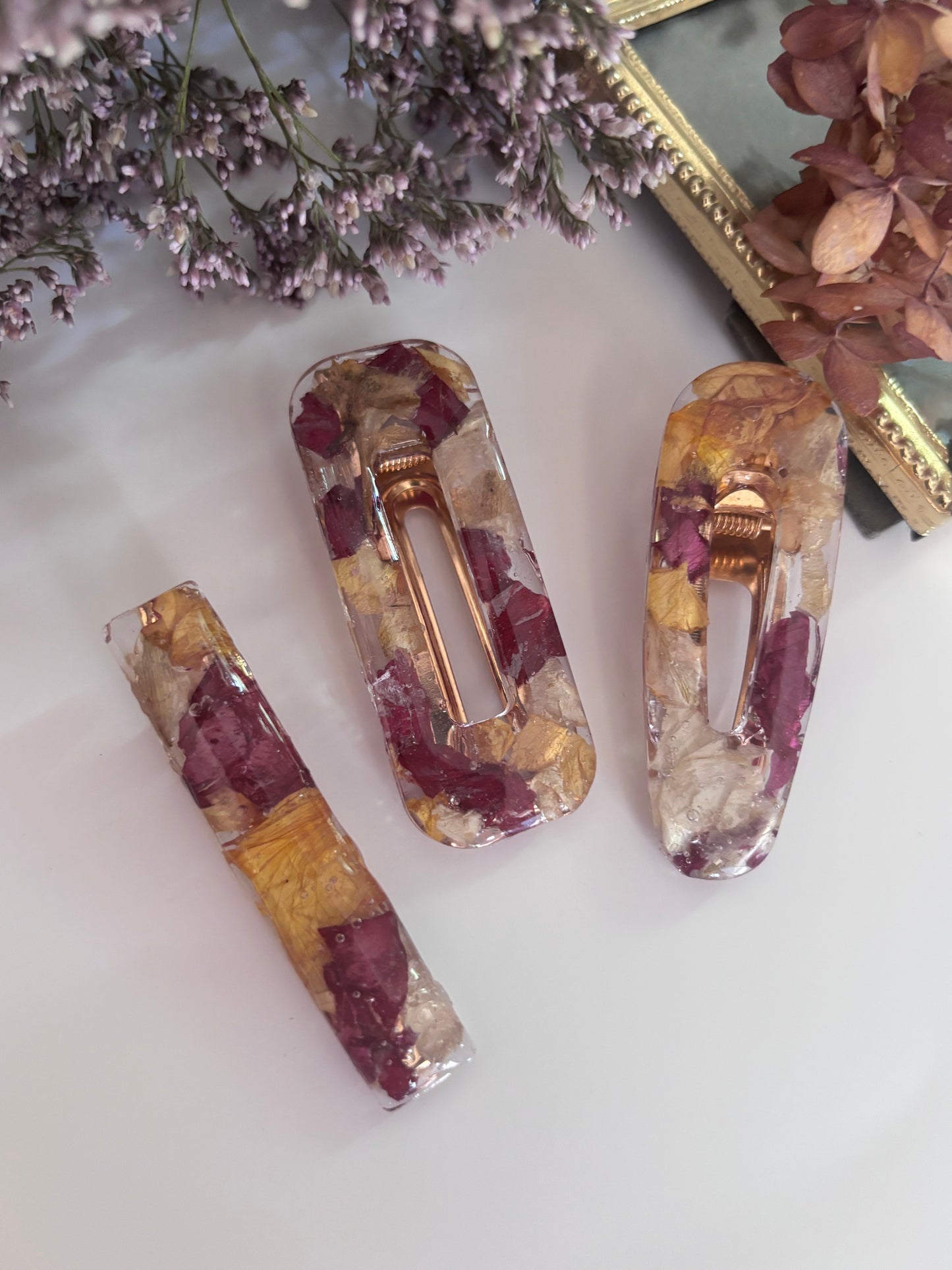Lot de 3 barrettes en fleurs séchées surcyclées