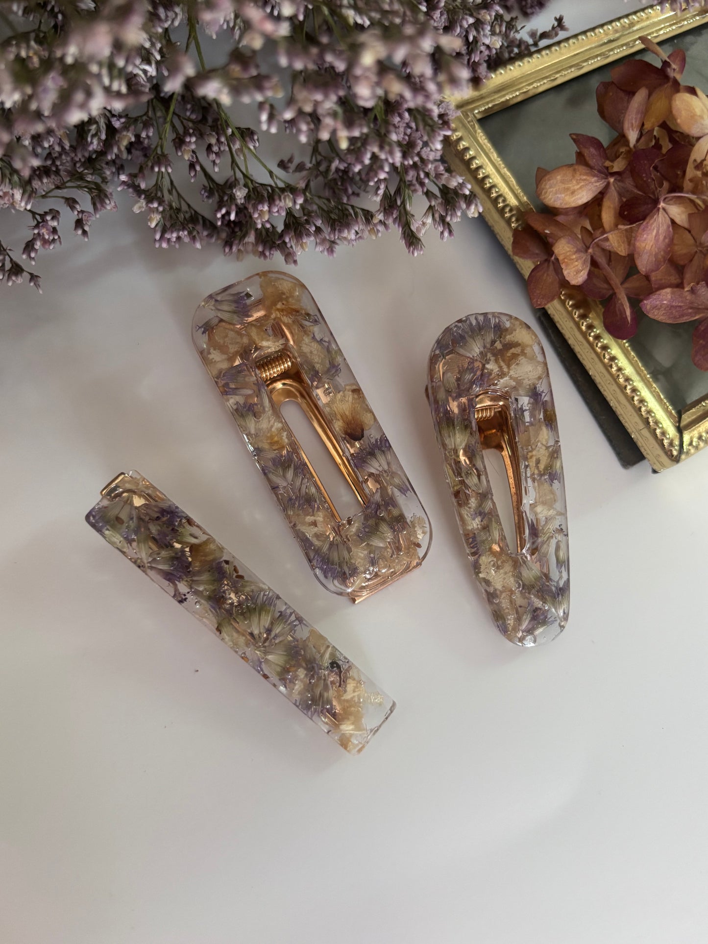 Lot de 3 barrettes en fleurs séchées surcyclées