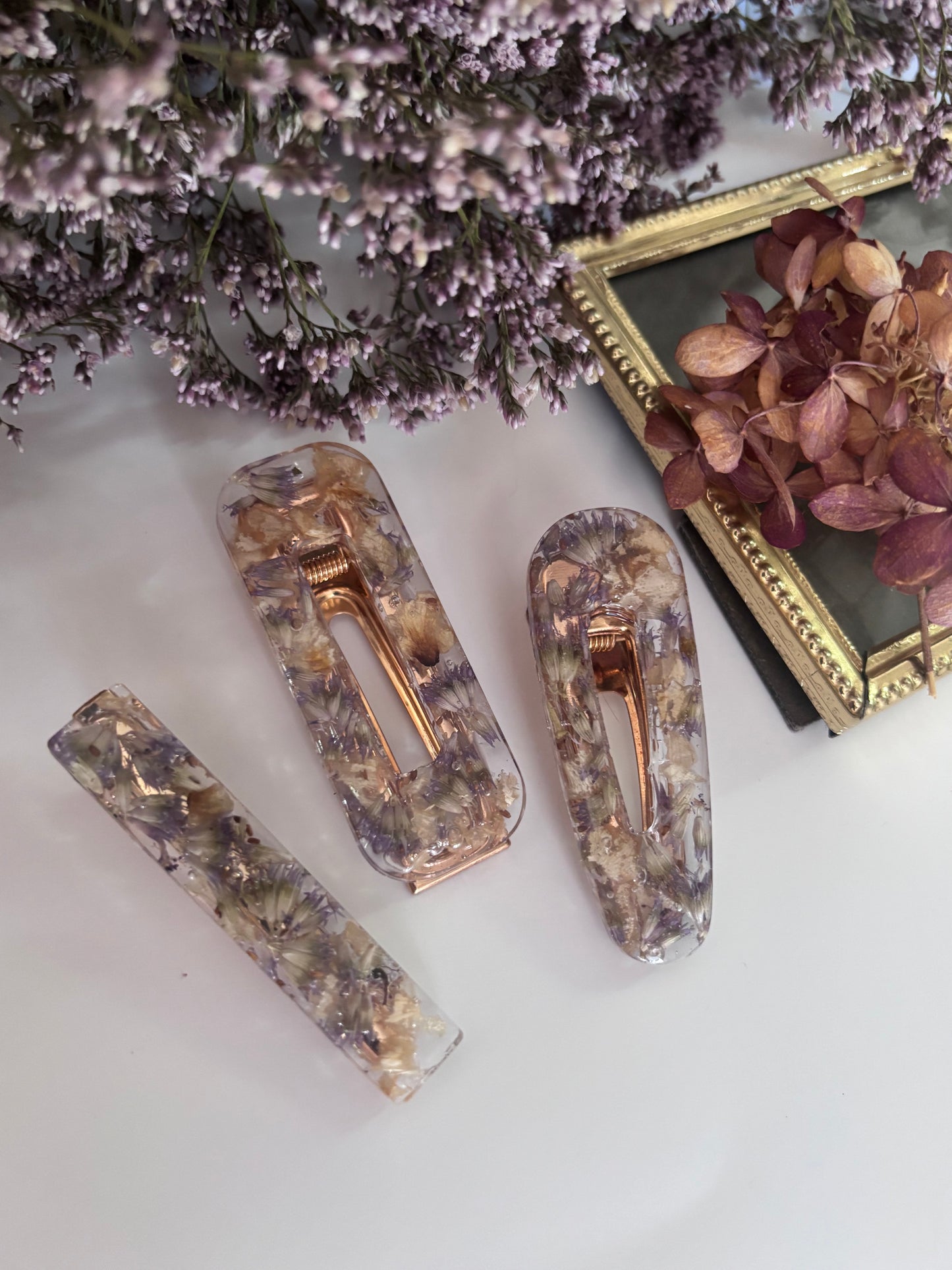 Lot de 3 barrettes en fleurs séchées surcyclées