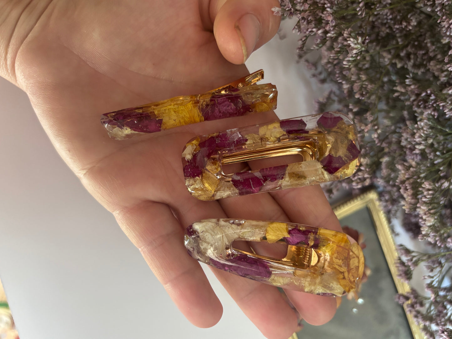 Lot de 3 barrettes en fleurs séchées surcyclées