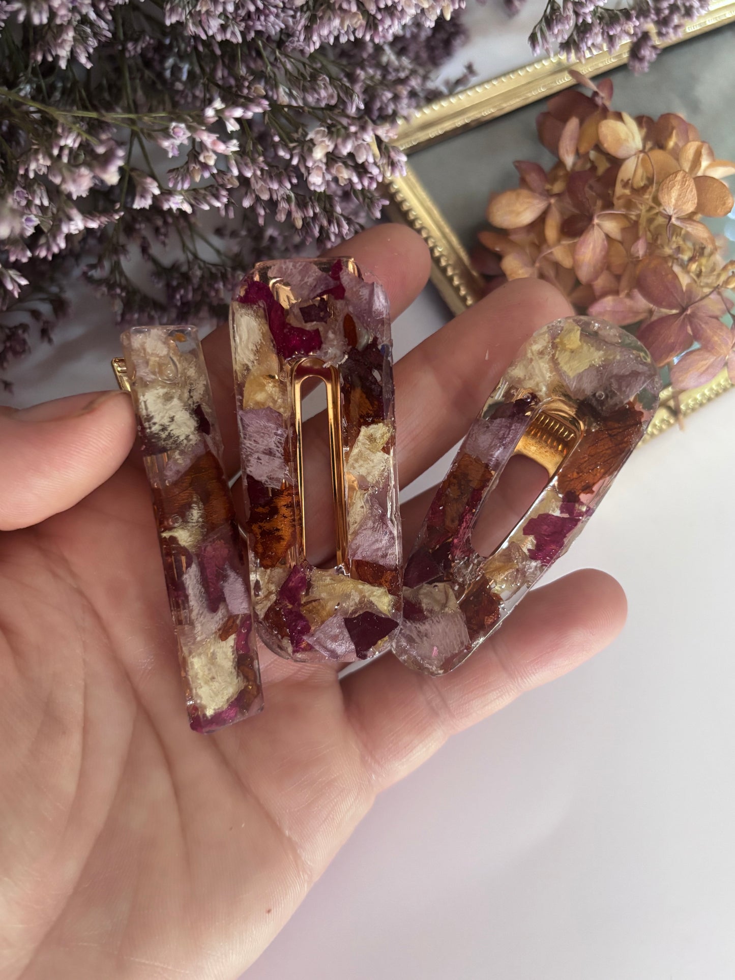 Lot de 3 barrettes en fleurs séchées surcyclées