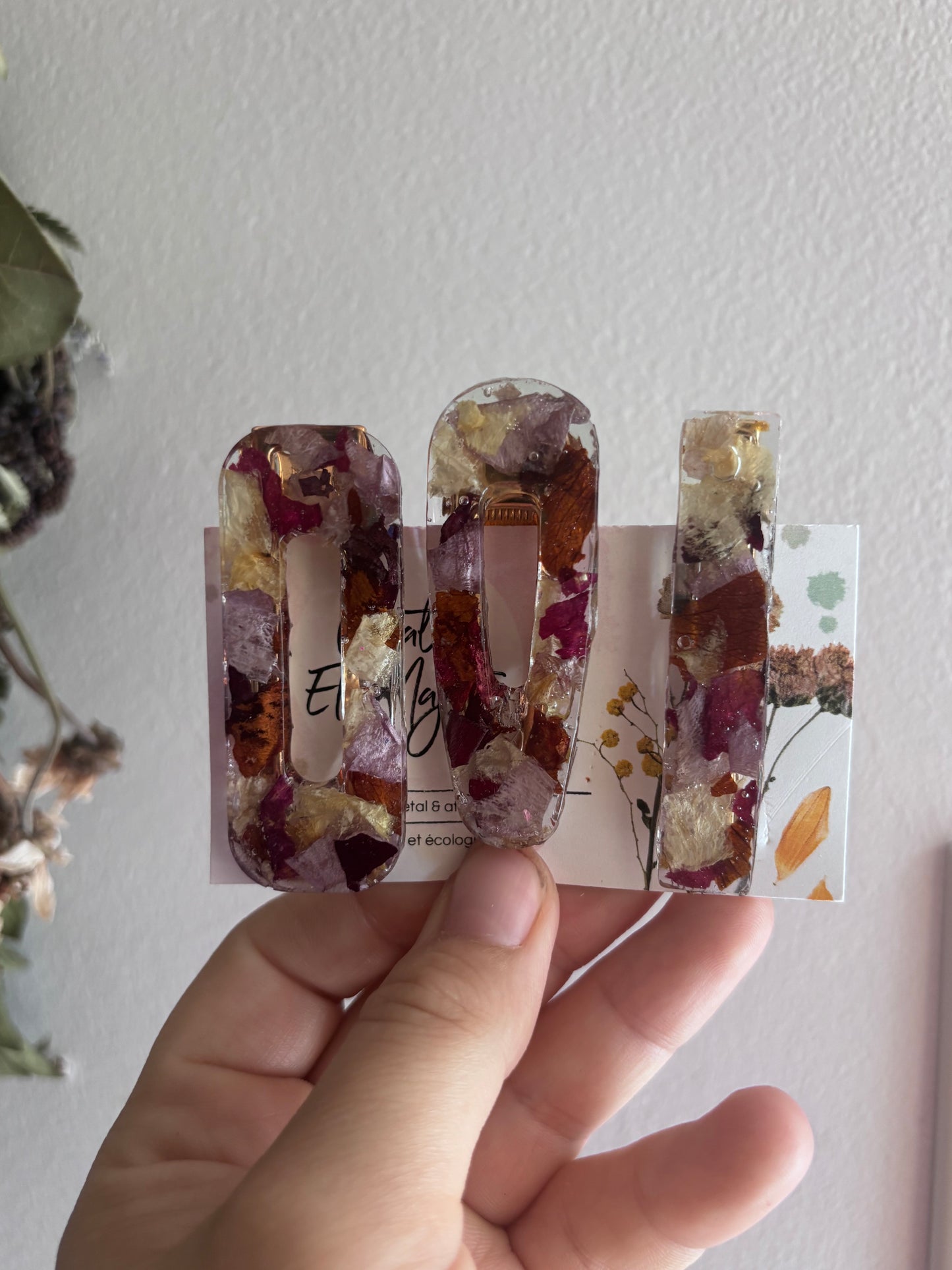Lot de 3 barrettes en fleurs séchées surcyclées