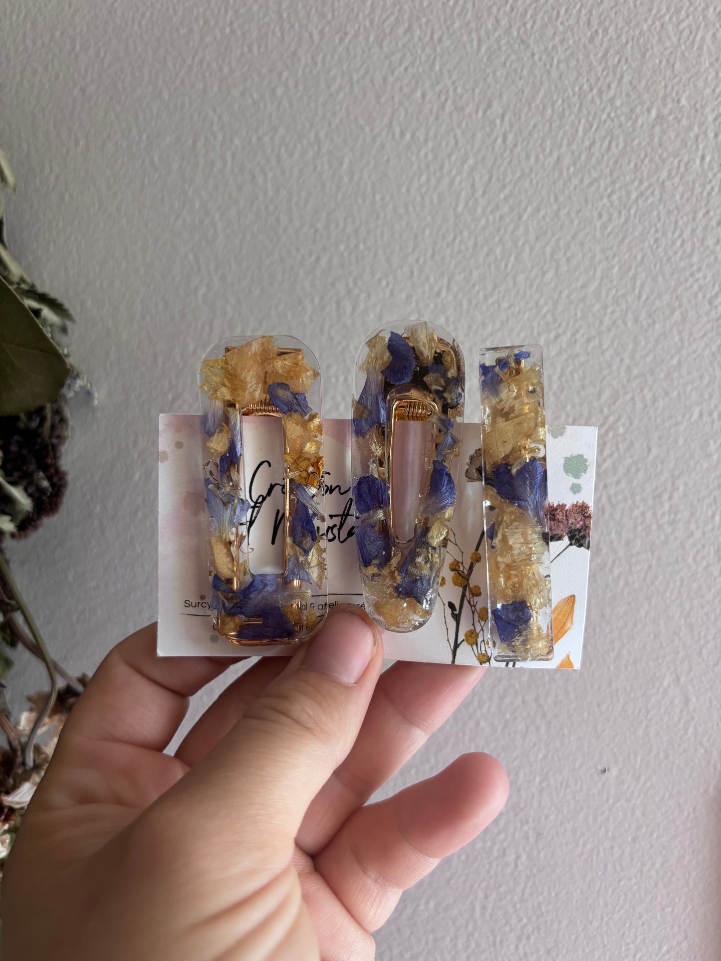 Lot de 3 barrettes en fleurs séchées surcyclées