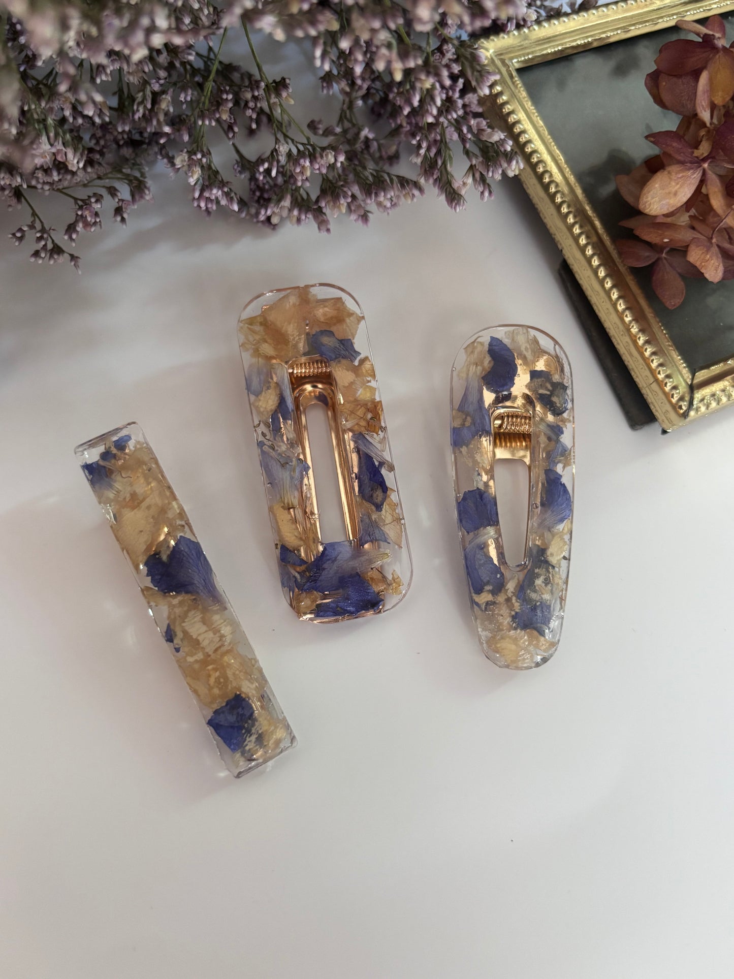 Lot de 3 barrettes en fleurs séchées surcyclées