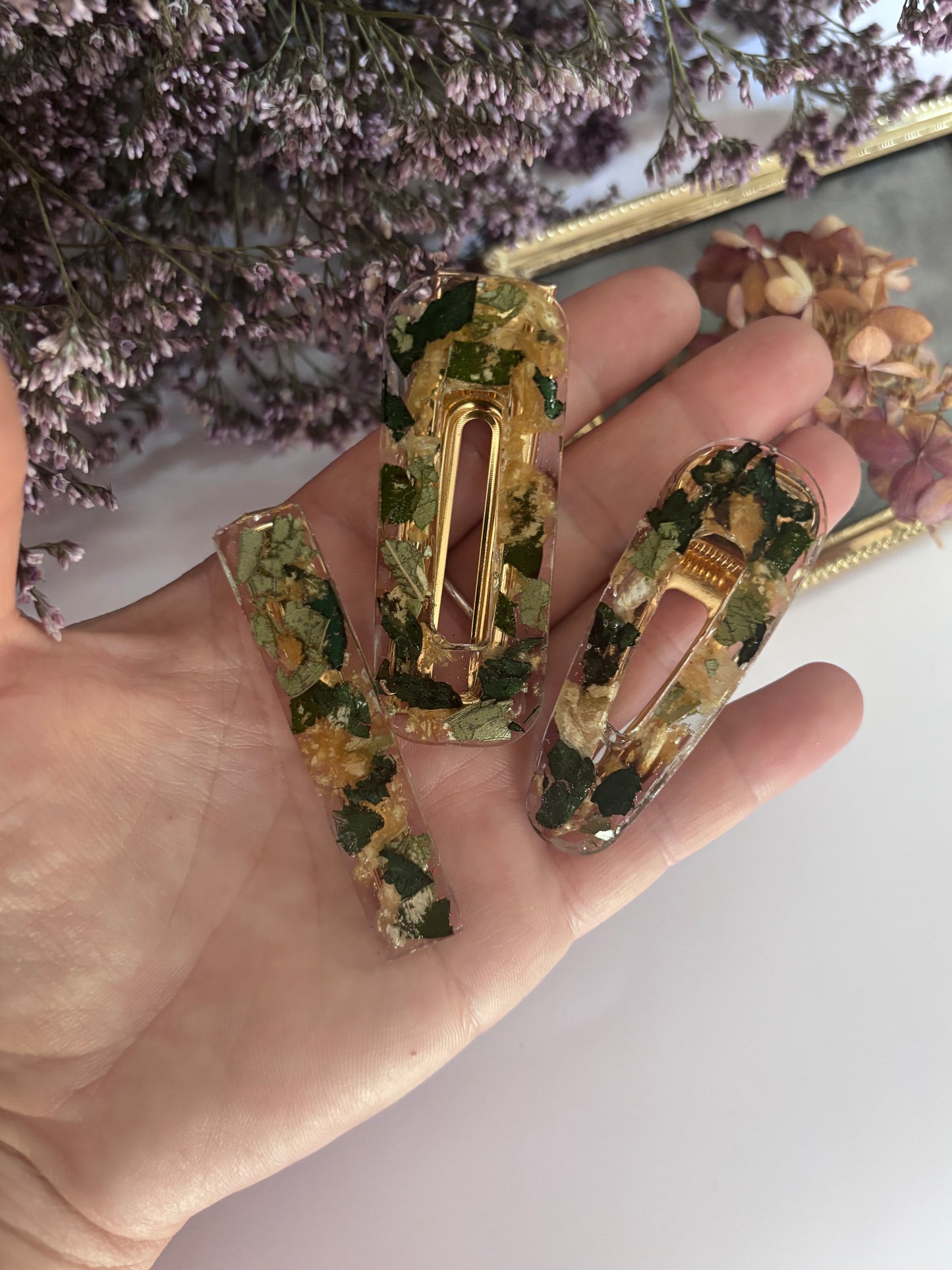 Lot de 3 barrettes en fleurs séchées surcyclées