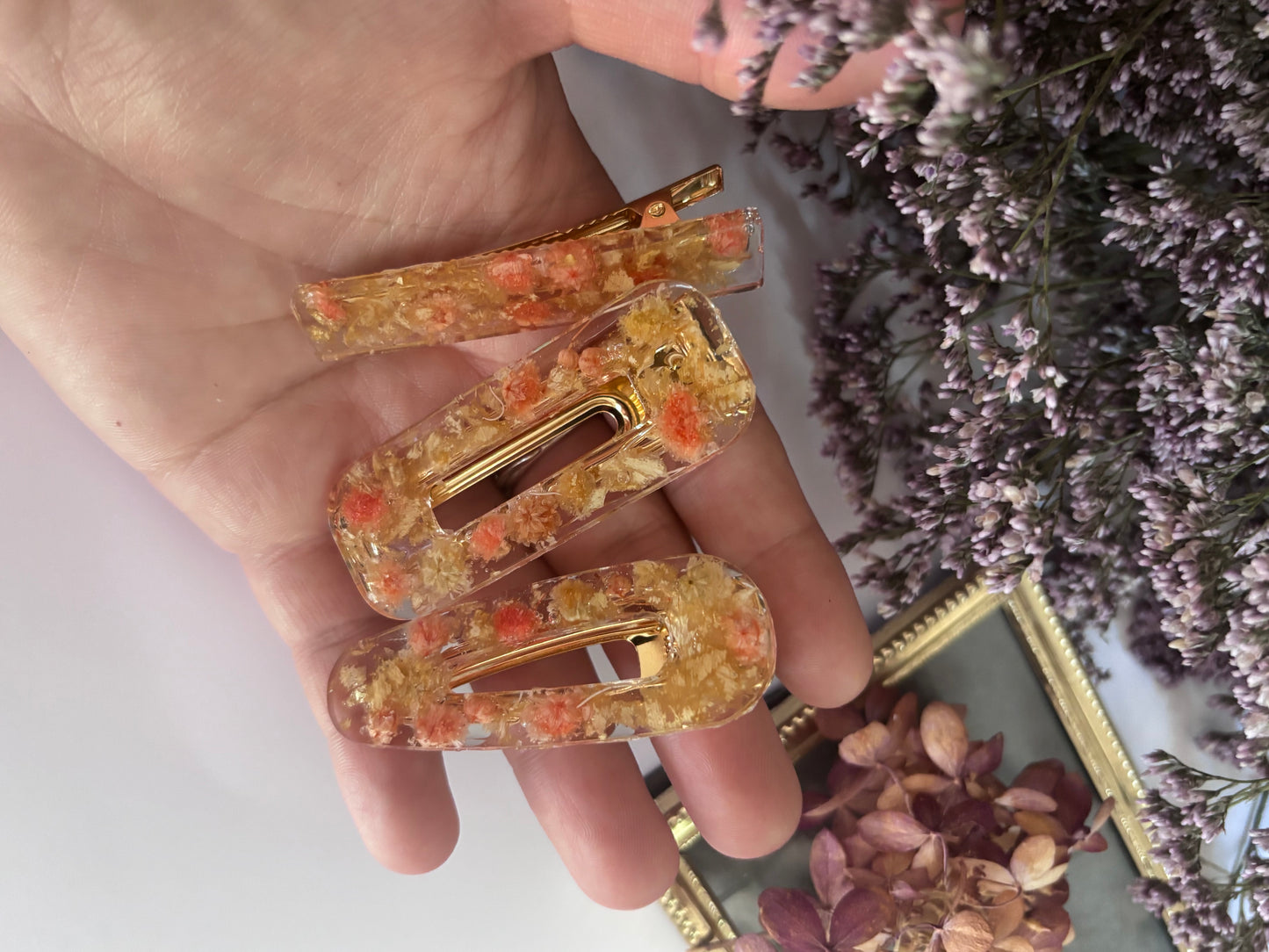 Lot de 3 barrettes en fleurs séchées surcyclées
